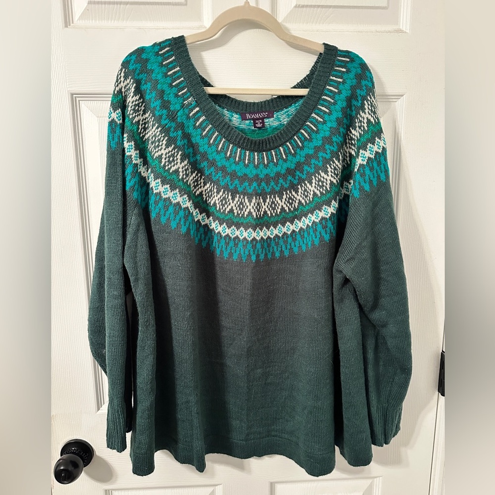 Roaman's Teal and Gray Knit Sweater